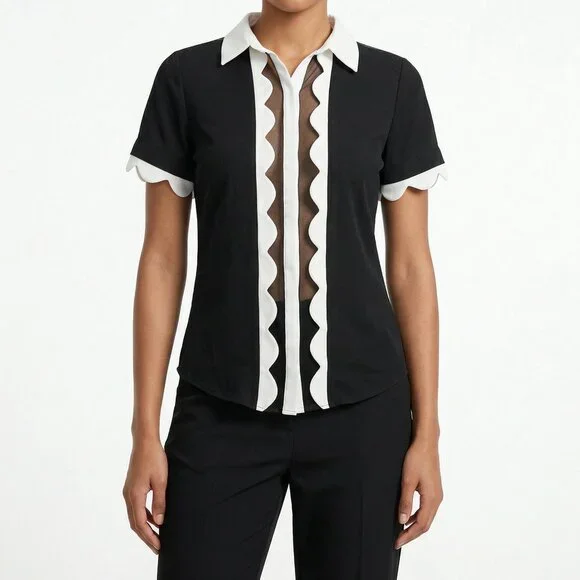 Anne Fontaine Black White Scalloped Mesh Sheer Center Blouse 38 US 6 - Picture 1 of 7